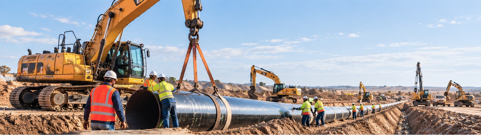 Illustrative construction scene with pipeline installation, excavators and safety-equipped workers